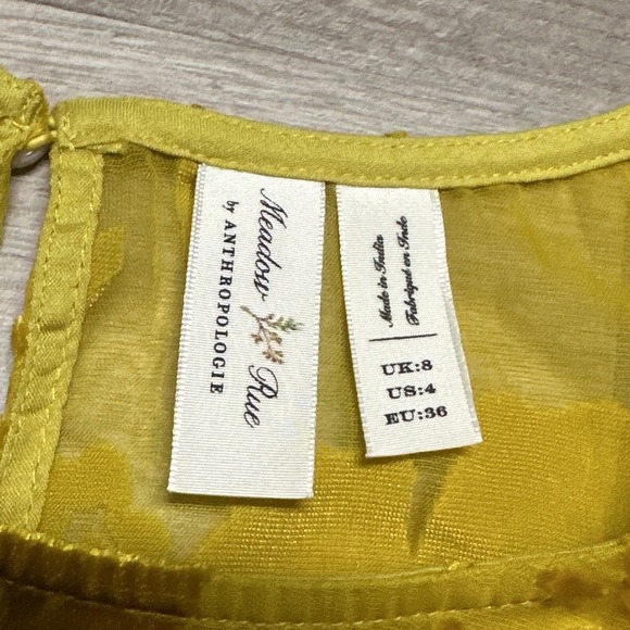 Meadow Rue Anthropologie Mustard Yellow Velvet Sheer Peasant Boho Blouse -Size 4 - Picture 3 of 7